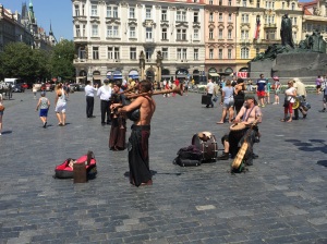 Entertainment in the central square in Prague. They are wearing leather maxi dresses playing bagpipes. Again, that's all I know